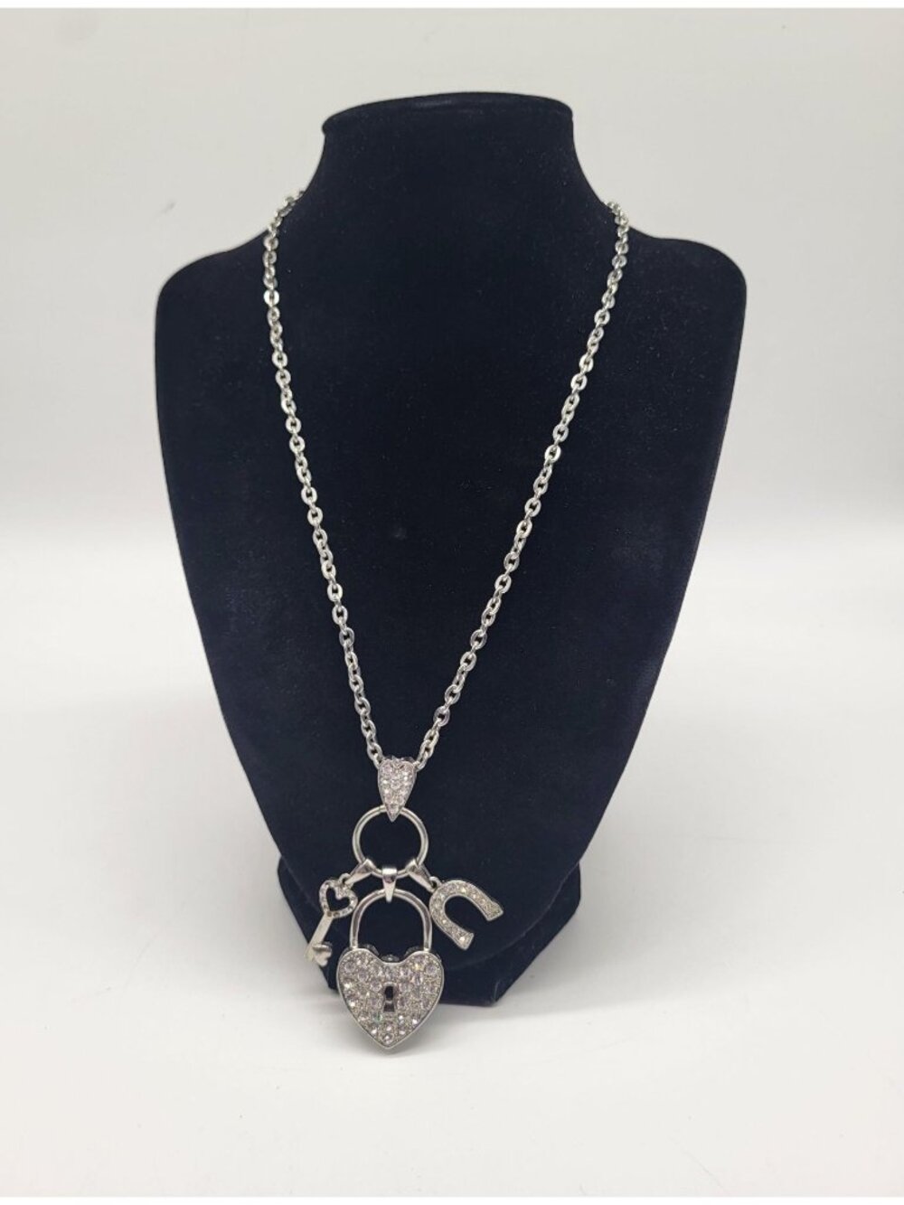 Silver Tone Multi Charm Necklace Pave Heart Lock and Key, Horseshoe y2k